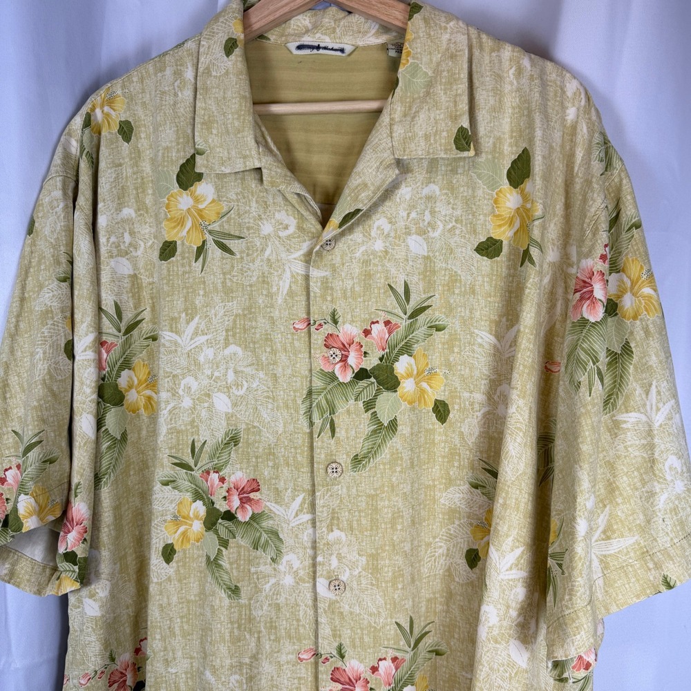 Tommy Bahama Mens XL Silk Tropical Hibiscus Floral Camp Shirt Lime Green Yellow